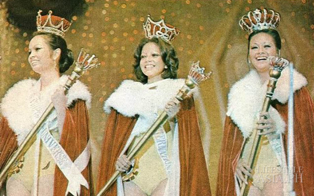Margie Moran, Marilen Ojeda and Nanette Prodigalidad wearing their crowns during Binibining Pilipinas 1973