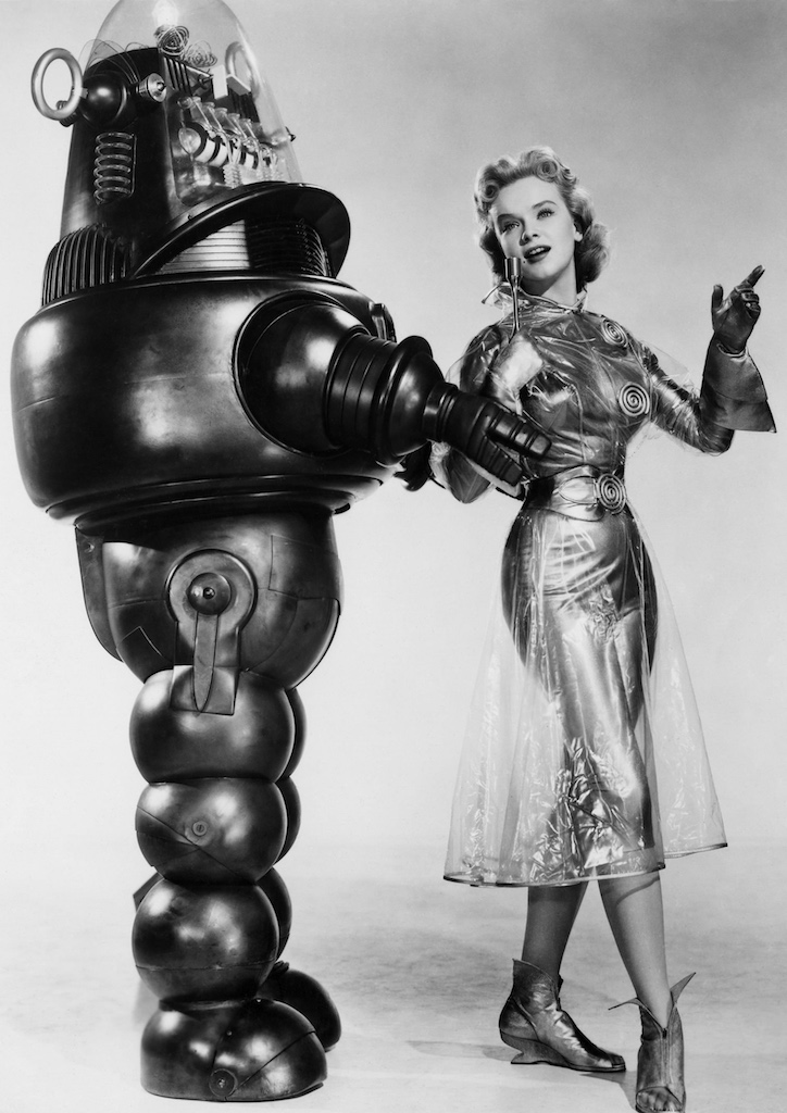 Robby the Robot with actress Anne Francis in a promotion shot for Forbidden Planet (1956)