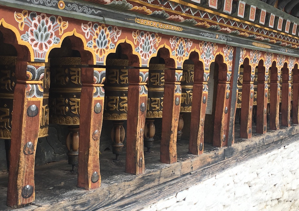 Prayer Wheels at Changangkha Lhakang are inscribed with the Buddhist compassion mantra