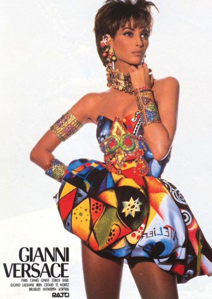 A vintage ad for Gianni Versace, circa 1980s. The designer had a penchant for bold colors and sexy silhouettes. 