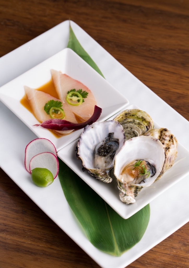 Nobu's Yellowtail Sashimi Jalapeno and Kumamoto Oysters with Nobu Salsa, Caviar, and Yuzu Lemon