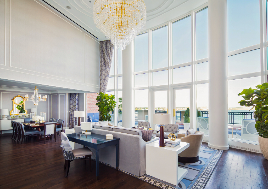 The new John Adams Presidential Suite is 4,800 square feet of living space, with a singular eye-catching chandelier with over 1,200 crystals as the focal point (Photo courtesy of Boston Harbor Hotel)