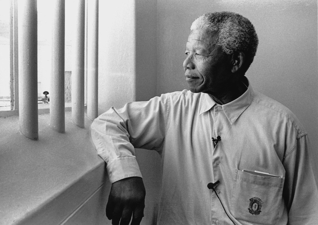 Nelson Mandela in his cell in Robben Island Prison
